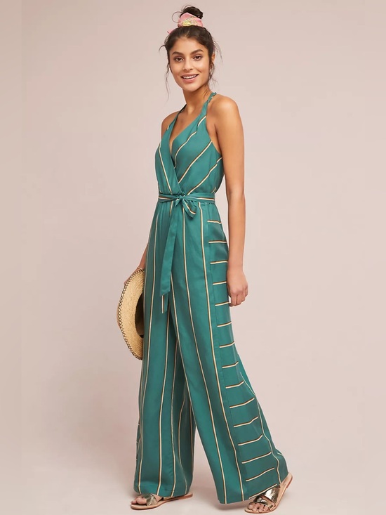 Anthropologie Pants - Anthropologie Elevenses Striped Wide Leg Halter Jumpsuit Size Small Green